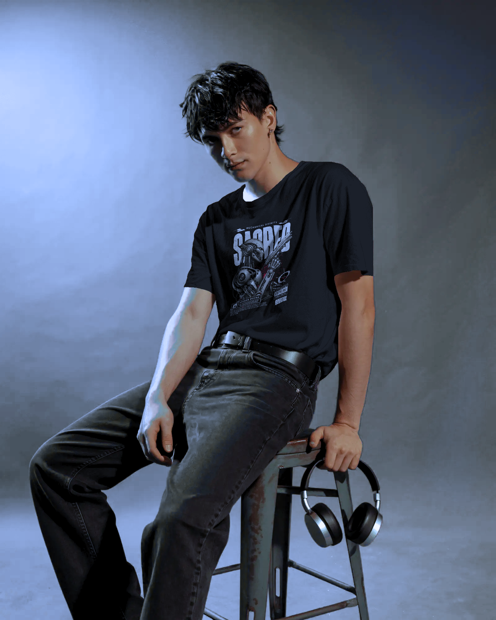 Man wearing Qurrito’s Sacred Divinity Futuristic Graphic T-Shirt in black. The design radiates a bold, confident, and mysterious vibe — perfect for those drawn to dark cyberpunk streetwear aesthetics.