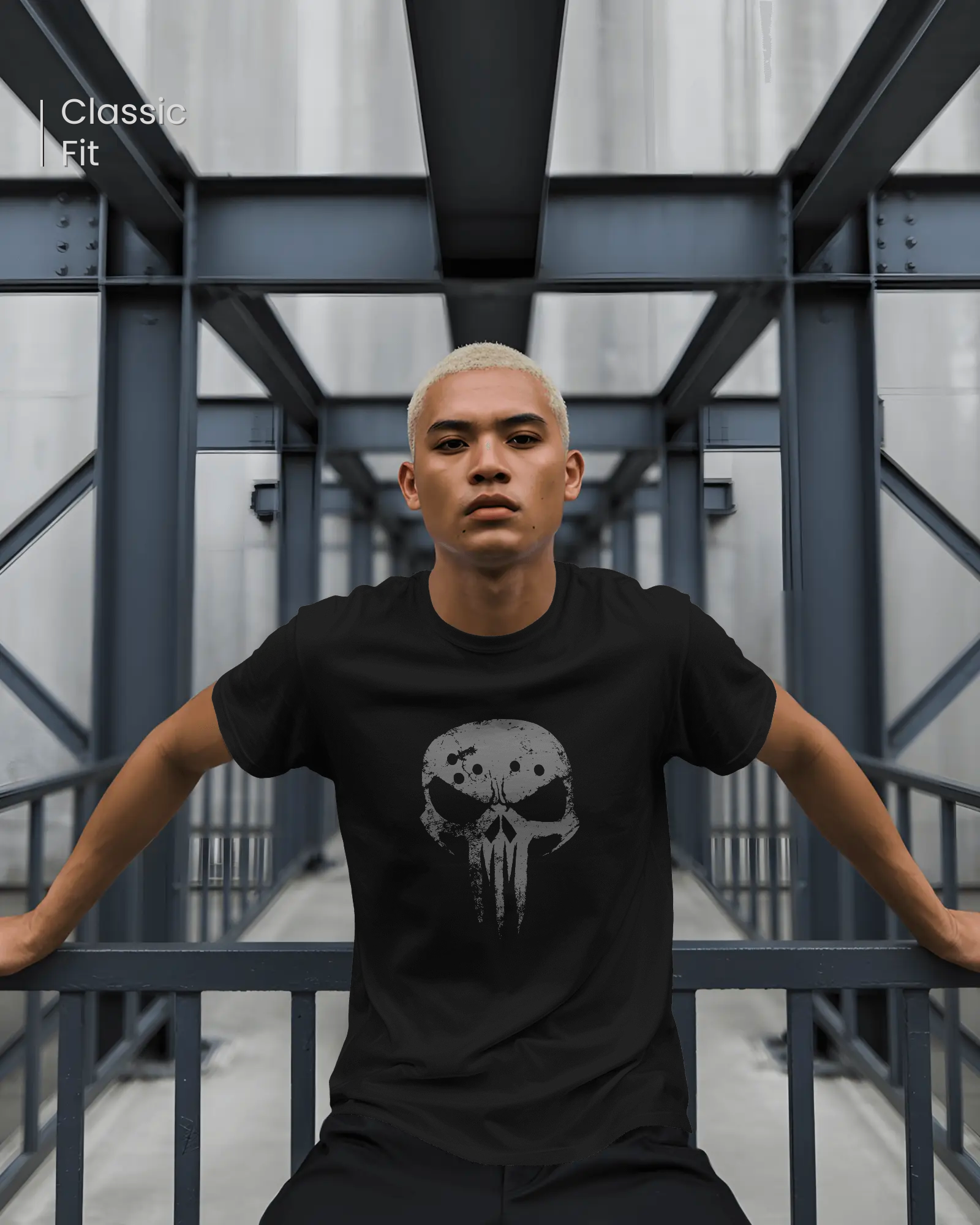Man wearing Qurrito’s Urban Fashion Shadow Skull T-Shirt. The minimalist dark skull graphic captures a confident, mysterious, and bold mood — a perfect pick for urban streetwear lovers.