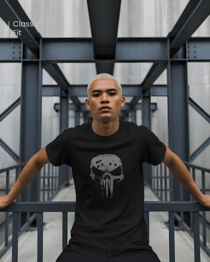 Man wearing Qurrito’s Urban Fashion Shadow Skull T-Shirt. The minimalist dark skull graphic captures a confident, mysterious, and bold mood — a perfect pick for urban streetwear lovers.