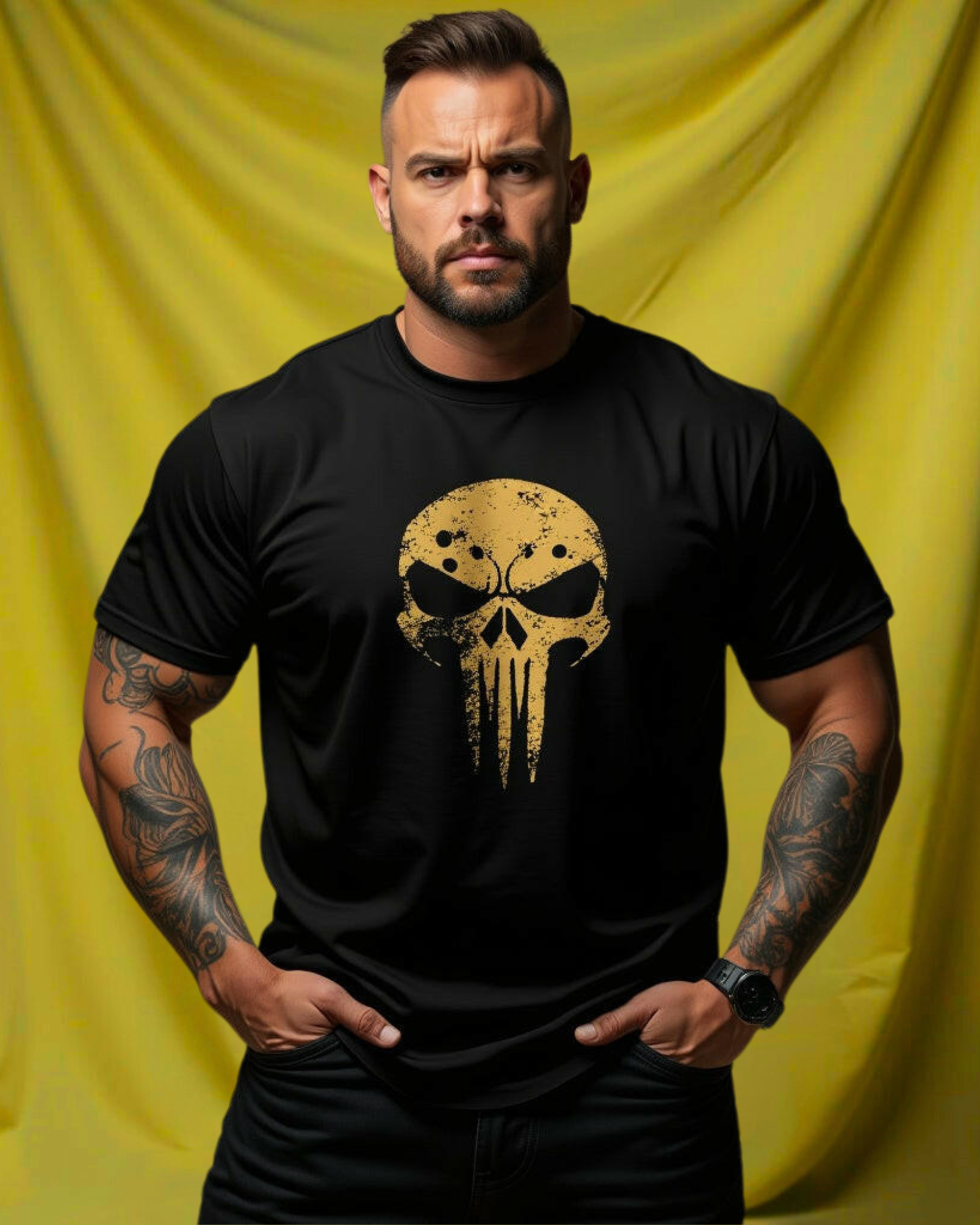 Man in Qurrito’s Shadow Skull Regular Fit T-Shirt. The distressed skull print radiates a dark, bold, and confident mood — perfect for those who love edgy and powerful streetwear looks.