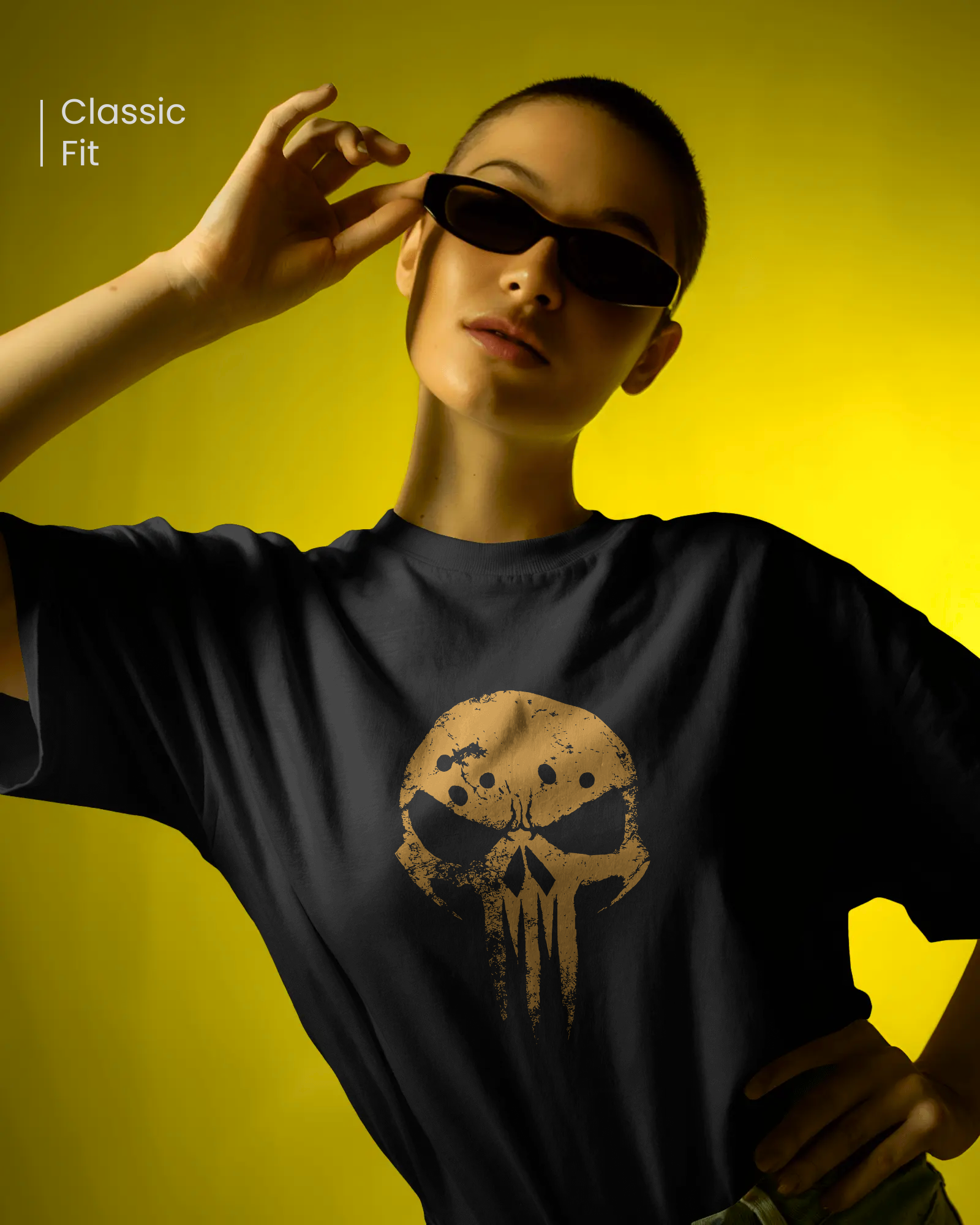 Woman wearing Qurrito’s Skull Graphic T-Shirt – Shadow Skull Regular Fit Tee. The grunge skull design and black cotton base exude a confident, bold, and mysterious streetwear vibe.