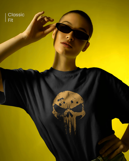 Woman wearing Qurrito’s Skull Graphic T-Shirt – Shadow Skull Regular Fit Tee. The grunge skull design and black cotton base exude a confident, bold, and mysterious streetwear vibe.