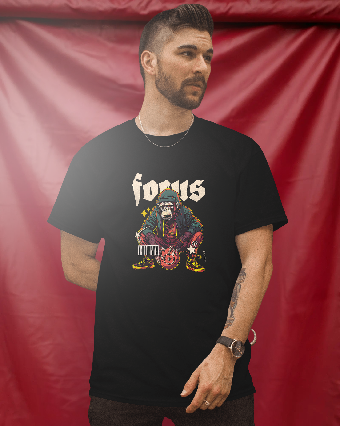 Male model wearing Qurrito’s Slam Dunk Monkey Focus T-Shirt in black. The graphic tee channels pumped, energetic, quirky, and playful moods — a statement streetwear piece that blends basketball culture with urban cool.