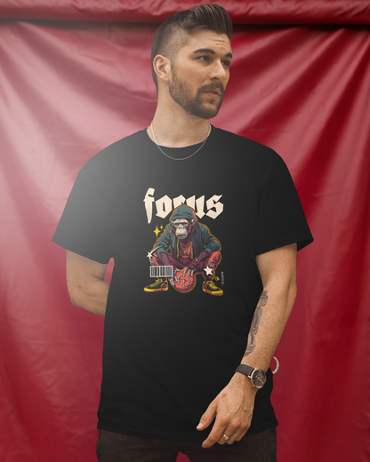 Male model wearing Qurrito’s Slam Dunk Monkey Focus T-Shirt in black. The graphic tee channels pumped, energetic, quirky, and playful moods — a statement streetwear piece that blends basketball culture with urban cool.