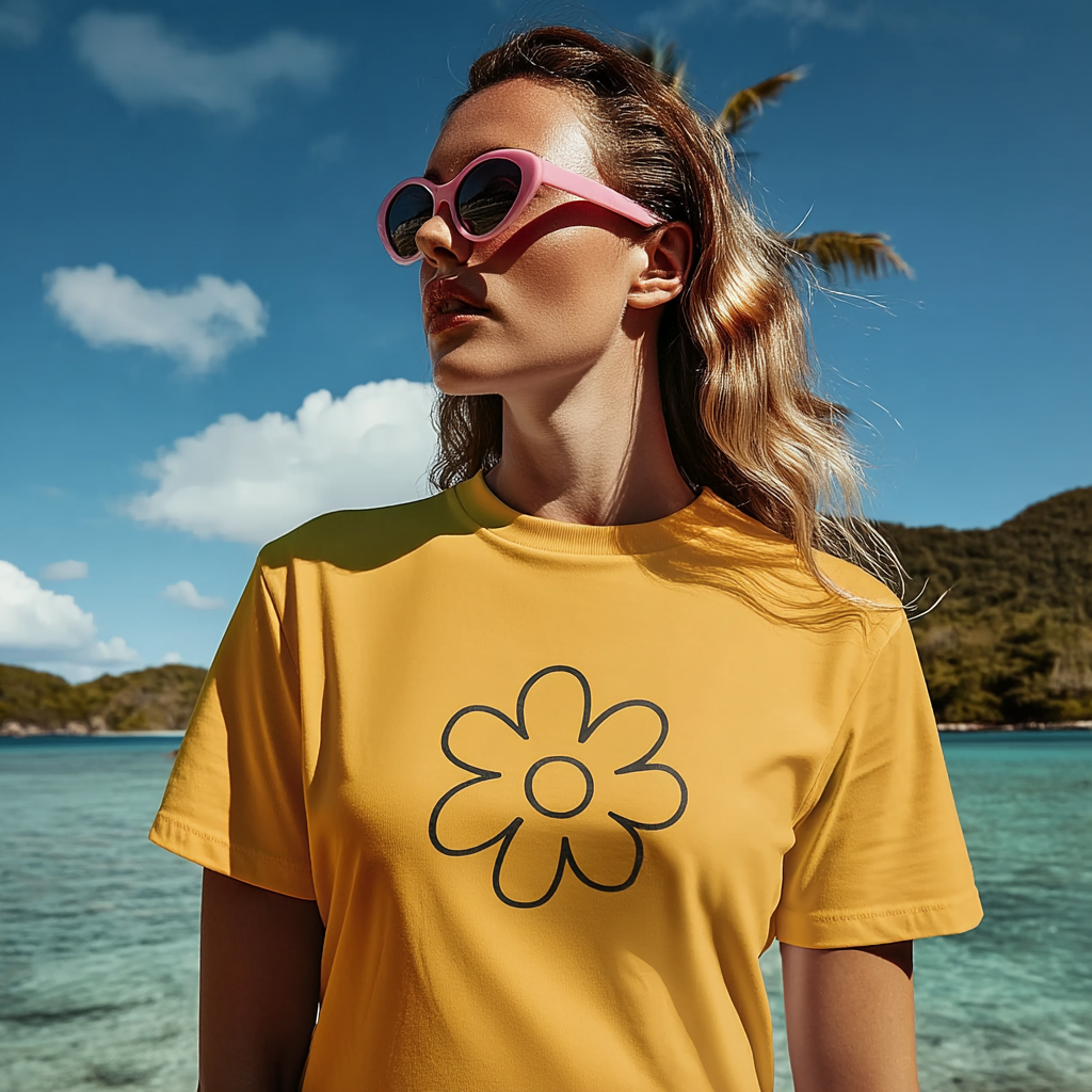 Woman wearing a Qurrito yellow floral graphic t-shirt with a bold flower design, styled with pink sunglasses, standing near the ocean under a palm tree.