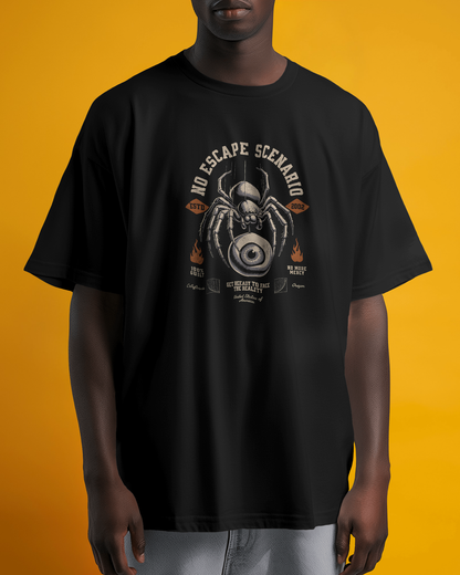 Male model in Qurrito’s Spider Eye Graphic Gothic Horror T-Shirt in black, designed with bold spider artwork and vintage typography, crafted from premium cotton in a regular streetwear fit.