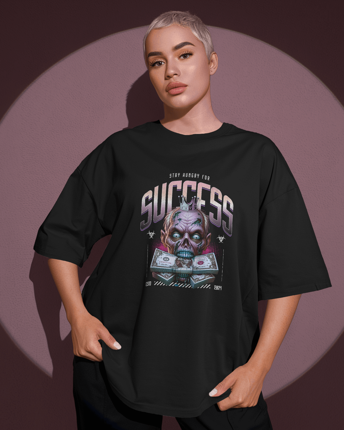 curvy Woman wearing Qurrito’s Success Zombie Crown Oversized T-Shirt. The gothic artwork blends playful and quirky energy with a dark, confident mood — a statement piece for streetwear lovers.