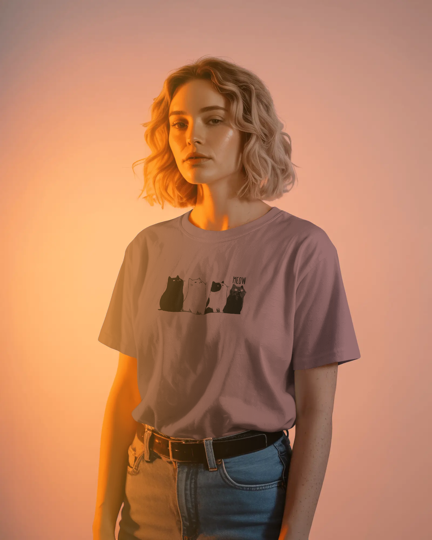 Qurrito The Purr-ple Squad graphic t-shirt in Classic Fit worn by a woman in warm lighting. The Mauve/Dusty Rose tee features the Chill Cat Graphic. Chill mood.