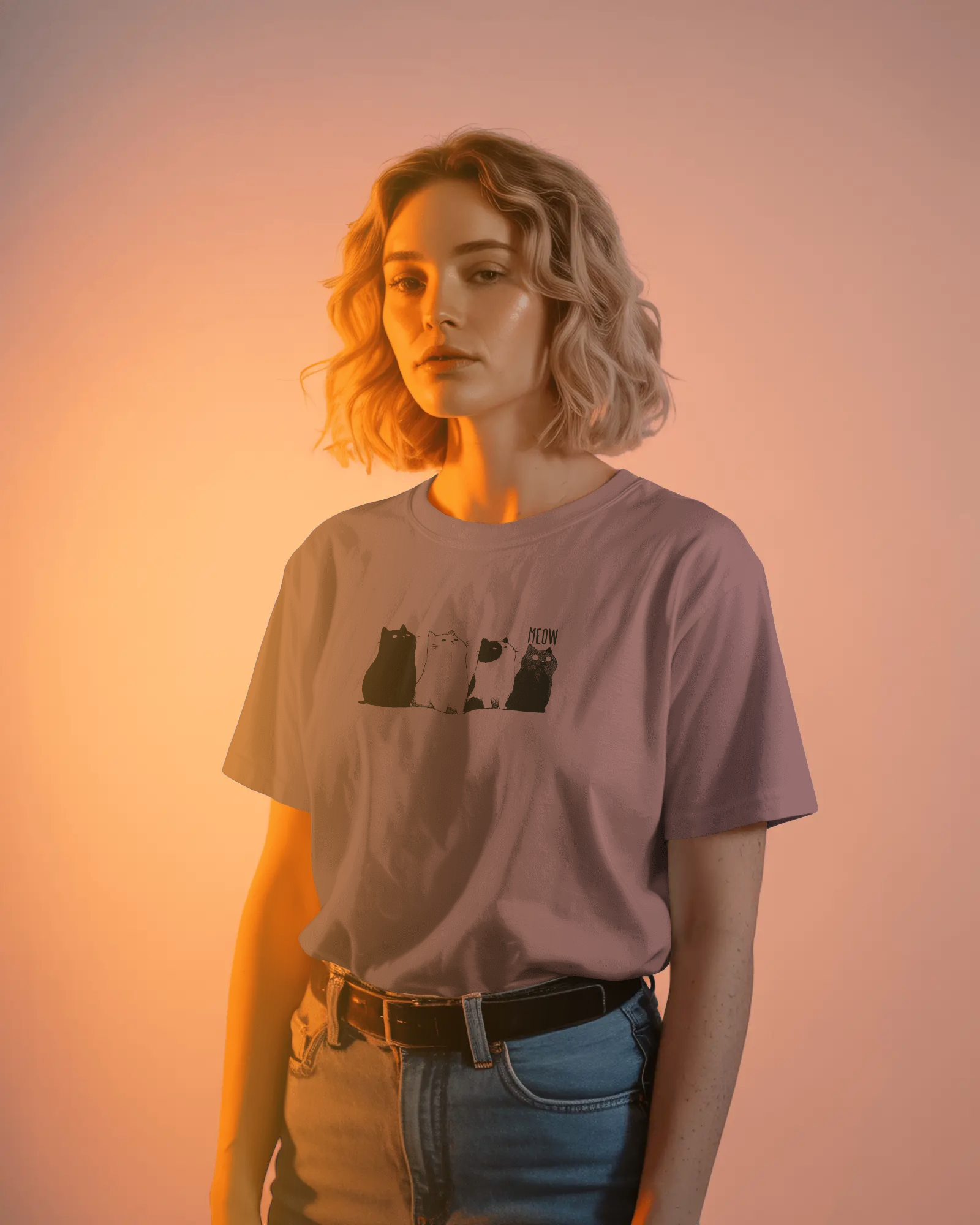 Qurrito The Purr-ple Squad graphic t-shirt in Classic Fit worn by a woman in warm lighting. The Mauve/Dusty Rose tee features the Chill Cat Graphic. Chill mood.