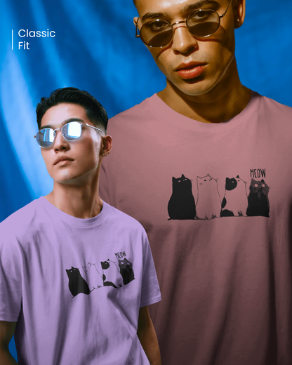 Two men modeling the Qurrito The Purr-ple Squad graphic t-shirt in both Lilac and Mauve/Dusty Rose (Classic Fit). Both tees feature the Chill Cat Graphic.