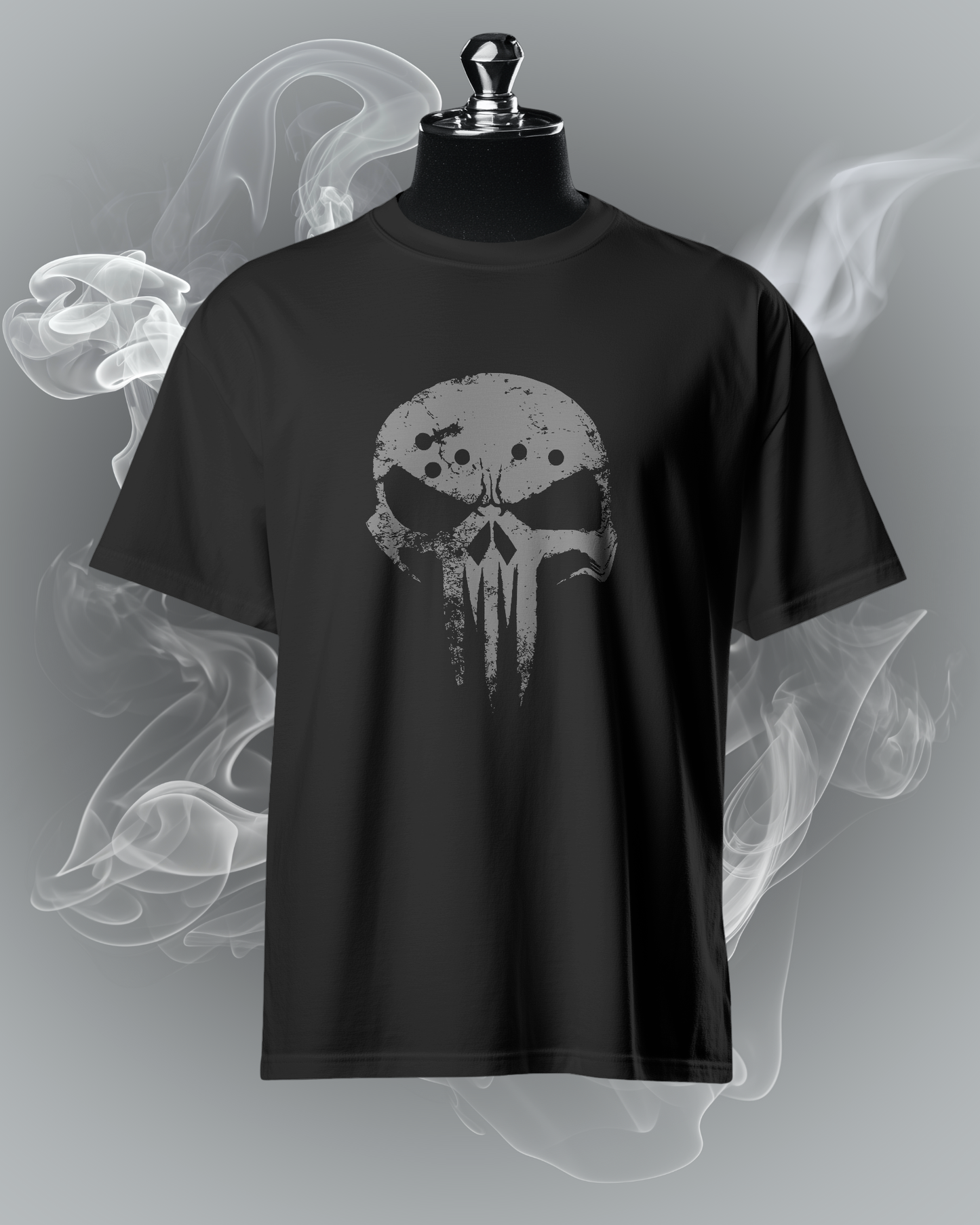 Close-up of Qurrito’s Urban Fashion Shadow Skull T-Shirt for men in regular fit. The dark skull print surrounded by smoke highlights a mysterious, bold, and confident streetwear vibe.