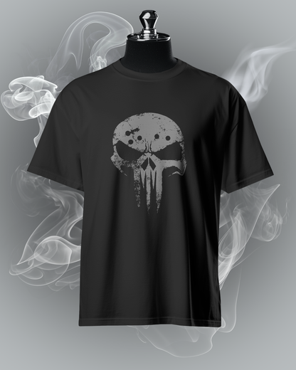 Close-up of Qurrito’s Urban Fashion Shadow Skull T-Shirt for men in regular fit. The dark skull print surrounded by smoke highlights a mysterious, bold, and confident streetwear vibe.