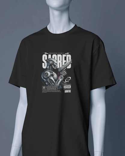 Qurrito’s Futuristic Graphic T-Shirt – Sacred Divinity Regular Fit in black cotton. The dark sci-fi robot design exudes mysterious, bold energy, blending futuristic confidence with streetwear edge.