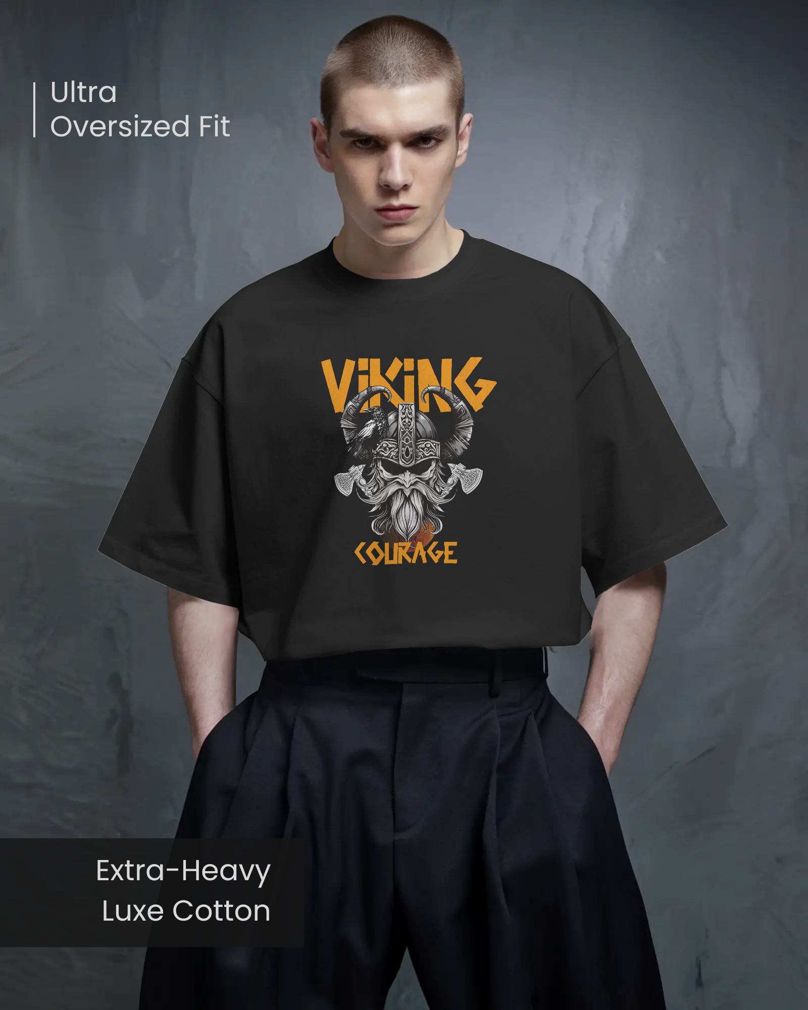 Model wearing Qurrito’s Oversized Viking Courage T-Shirt crafted from extra-heavy luxe cotton in an ultra-oversized fit. The orange and grey warrior artwork gives a focused, pumped-up aesthetic, ideal for unisex streetwear outfits or bold fashion statements.