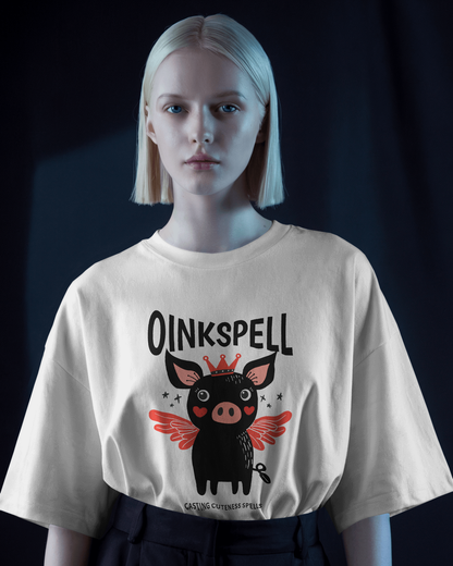 Model wearing Qurrito’s White Oinkspell Oversized T-Shirt paired with navy trousers. The cute flying pig graphic adds a quirky, cheerful touch, perfect for women who love minimal yet playful mood oversized t-shirts.