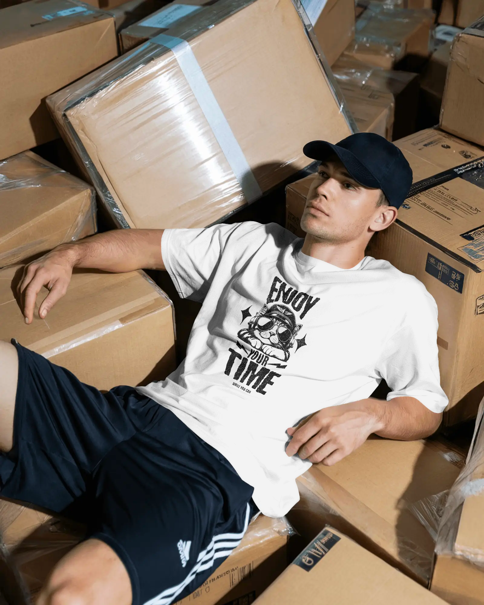 Man lounging in Qurrito’s White Positive Message T-Shirt styled with black Adidas shorts and a baseball cap. The “Enjoy Your Time” print adds a playful mood, chill summer vibe — perfect for casual men’s outfits.