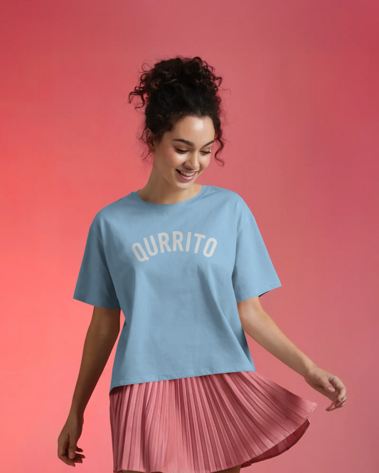 Branded oversized t-shirt for men and women in sky blue with Qurrito arch logo, styled for casual streetwear vibes.