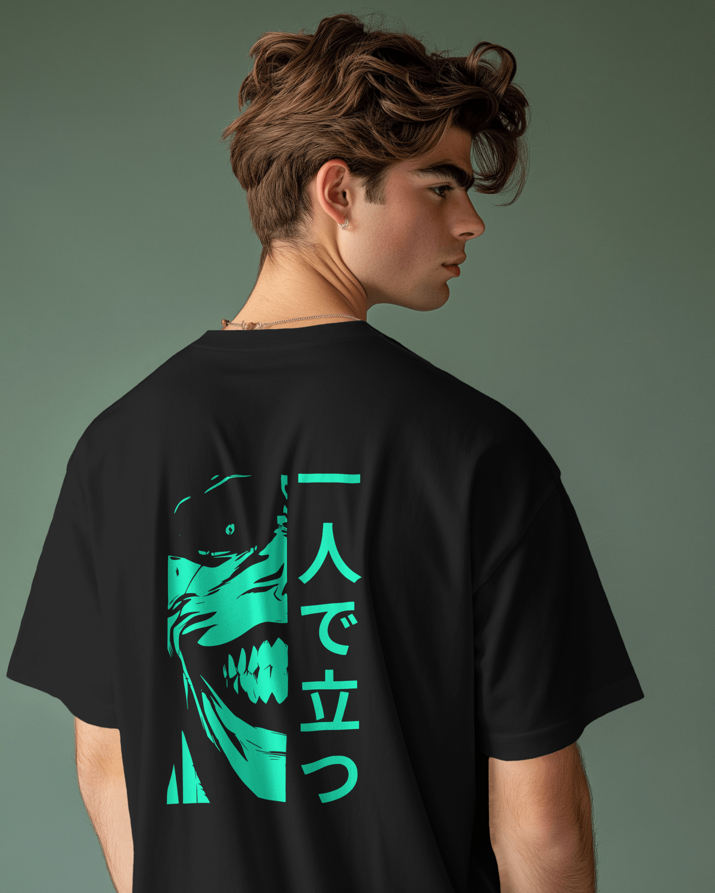 Japanese print oversized t-shirt with Solo Leveling front and back graphic featuring bold Japanese text