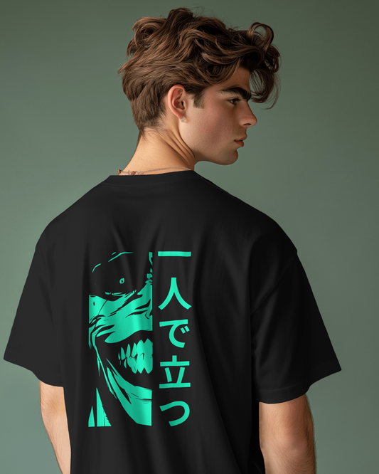 Japanese print oversized t-shirt with Solo Leveling front and back graphic featuring bold Japanese text