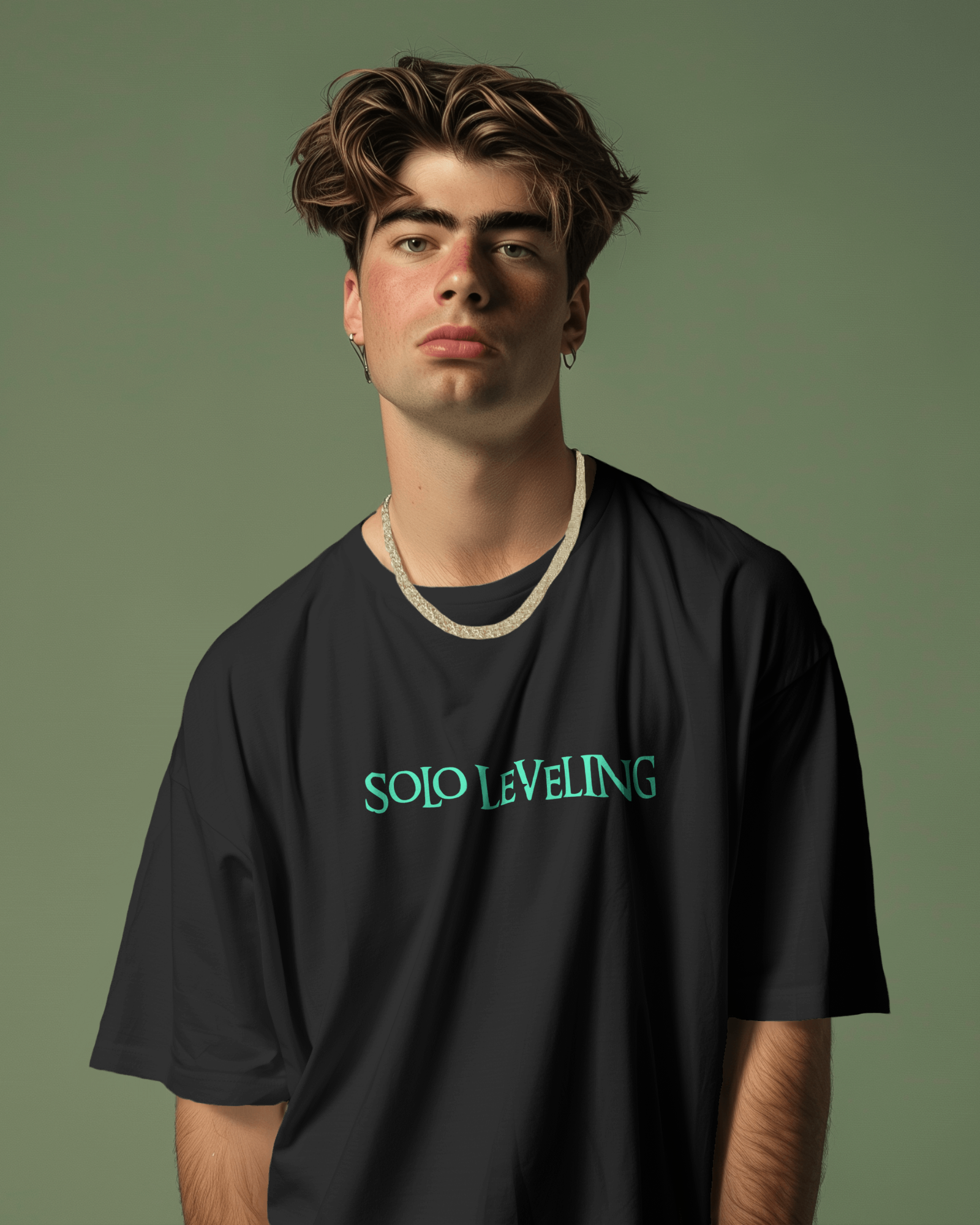 Japanese print oversized t-shirt with Solo Leveling front and back graphic featuring bold Japanese text